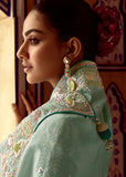 Ice Green Heavy Embroidered Designer Silk Saree