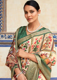 Cream And Green Woven Banarasi Printed Soft Silk Saree