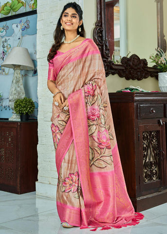 Beige And Pink Woven Banarasi Soft Silk Saree With Digital Print