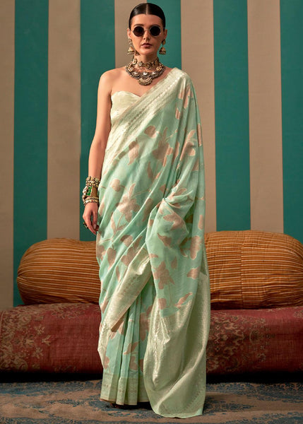 Pastel Green Woven Linen Banarasi Silk Saree