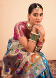 Alaskan Blue Woven Paithani Silk Saree With Contrast Blouse
