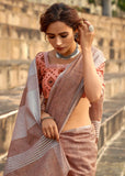 Earthy Brown Woven Linen Saree With Khadi Print Blouse