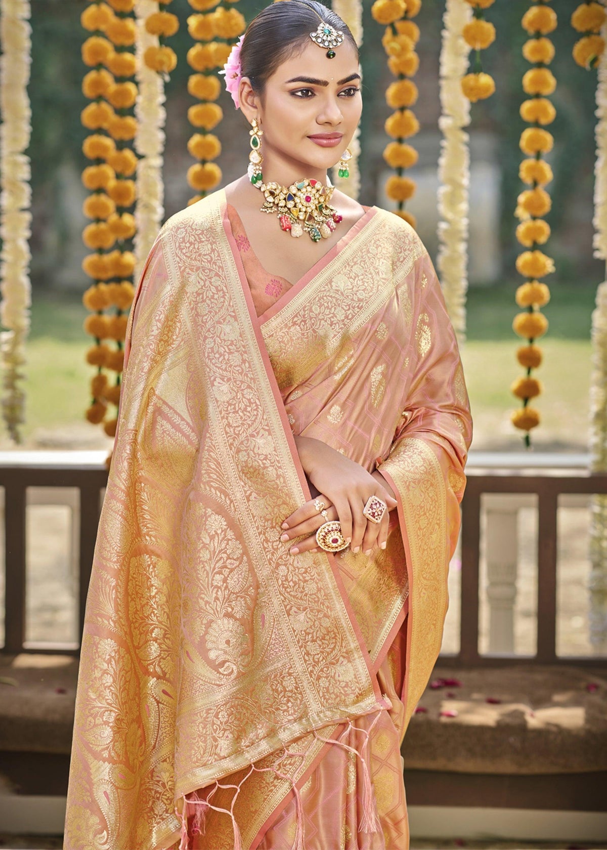 Coral Peach Woven Banarasi Satin Silk Saree