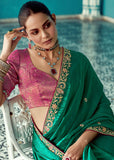Alpine Green Designer Embroidered Silk Saree With Contrast Blouse