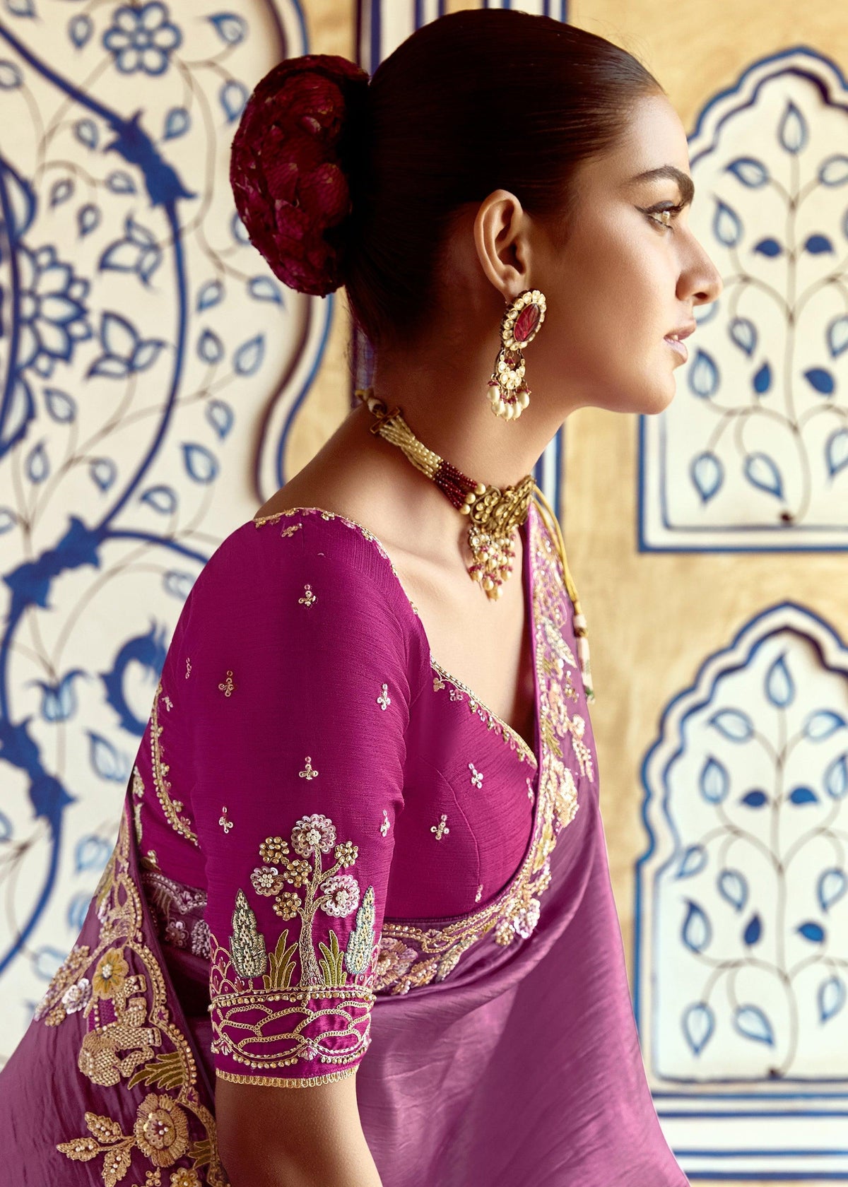 Striking Purple Heavy Embroidered Designer Silk Saree
