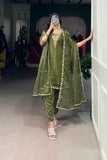 Olive Green Gold Coin Sequins Tread Embroidery Work Ethnic Dress
