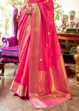 Celebration Pink Woven Smooth Satin Silk Banarasi Saree