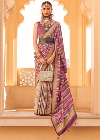 Beige And Pink Printed Soft Silk Saree