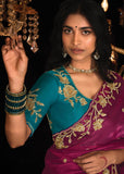 Magenta Pink Heavy Embroidered Designer Silk Saree With contrast Blouse