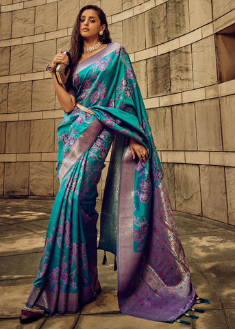 Peacock Blue Woven Satin Silk Banarasi Saree With Brocade Blouse
