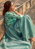 Aqua Blue Woven Linen Saree With Khadi Print Blouse