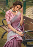 Antique Purple Woven Linen Saree With Khadi Print Blouse