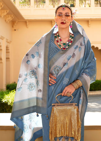Cloud Grey Floral Printed Cotton Linen Saree