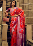 Bright Red Woven Satin Silk Banarasi Saree With Brocade Blouse