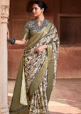 Cream And Grey Banarasi Soft Silk Saree With Digital Print