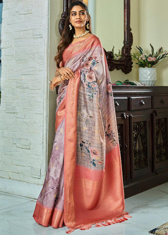 Antique Purple Woven Banarasi Soft Silk Saree With Digital Print