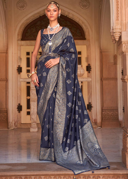 Coral Blue Printed Banarasi Soft Silk Saree