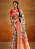 Almond Beige Woven Banarasi Silk Saree With Kalamkari Print