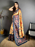 Mustard Orange Kalamkari Print Tussar Saree