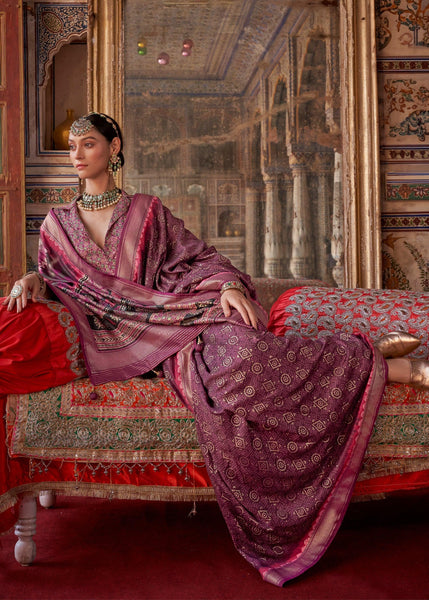 Wine Purple Light Weight Printed Silk Saree