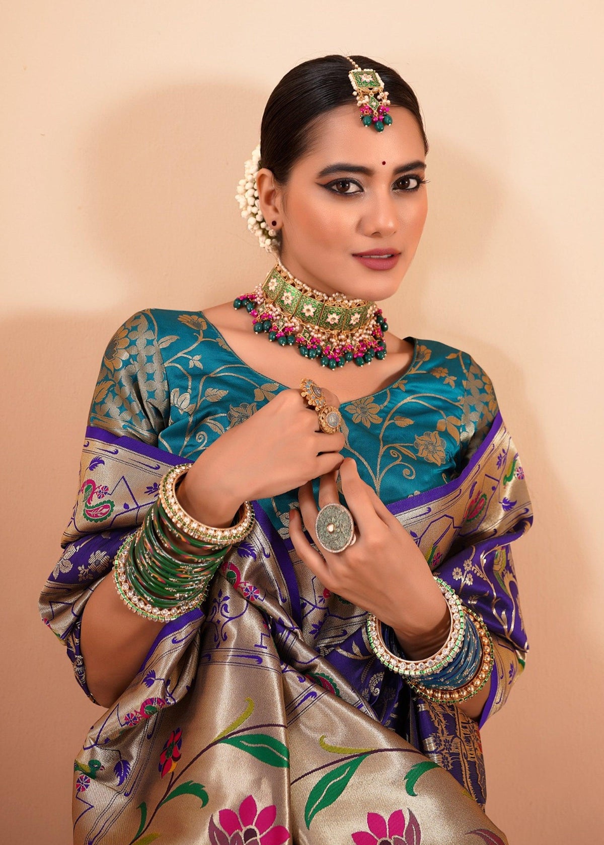 Iris Purple Woven Paithani Silk Saree With Contrast Blouse