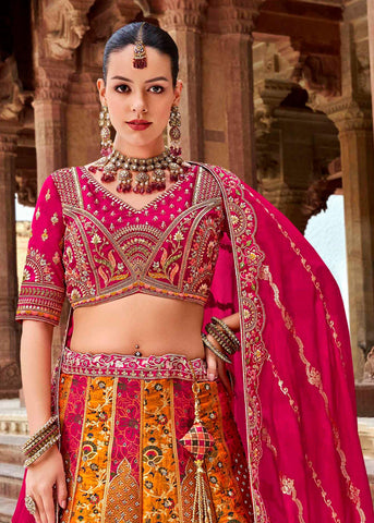Pink And Yellow Banarasi Silk Embroidered Designer Lehenga