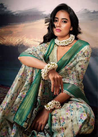 Sweet Green Light Weight Cotton Silk Saree With Digital Print