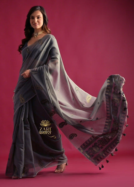 Steel Grey Woven Cotton Silk Saree