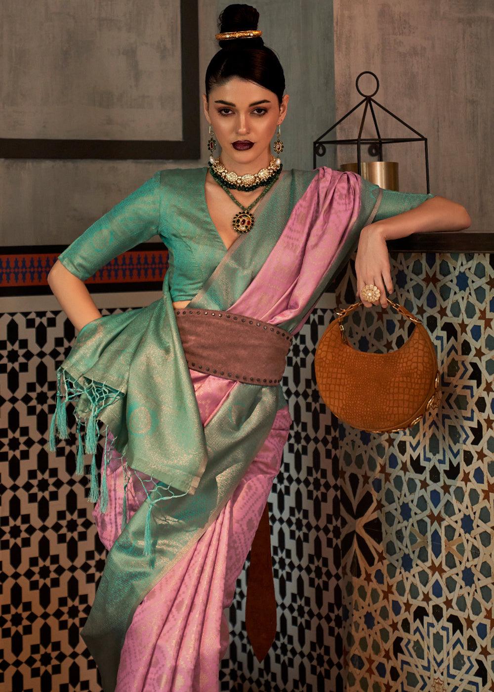 Lotus Pink And Green Woven Banarasi Silk Saree
