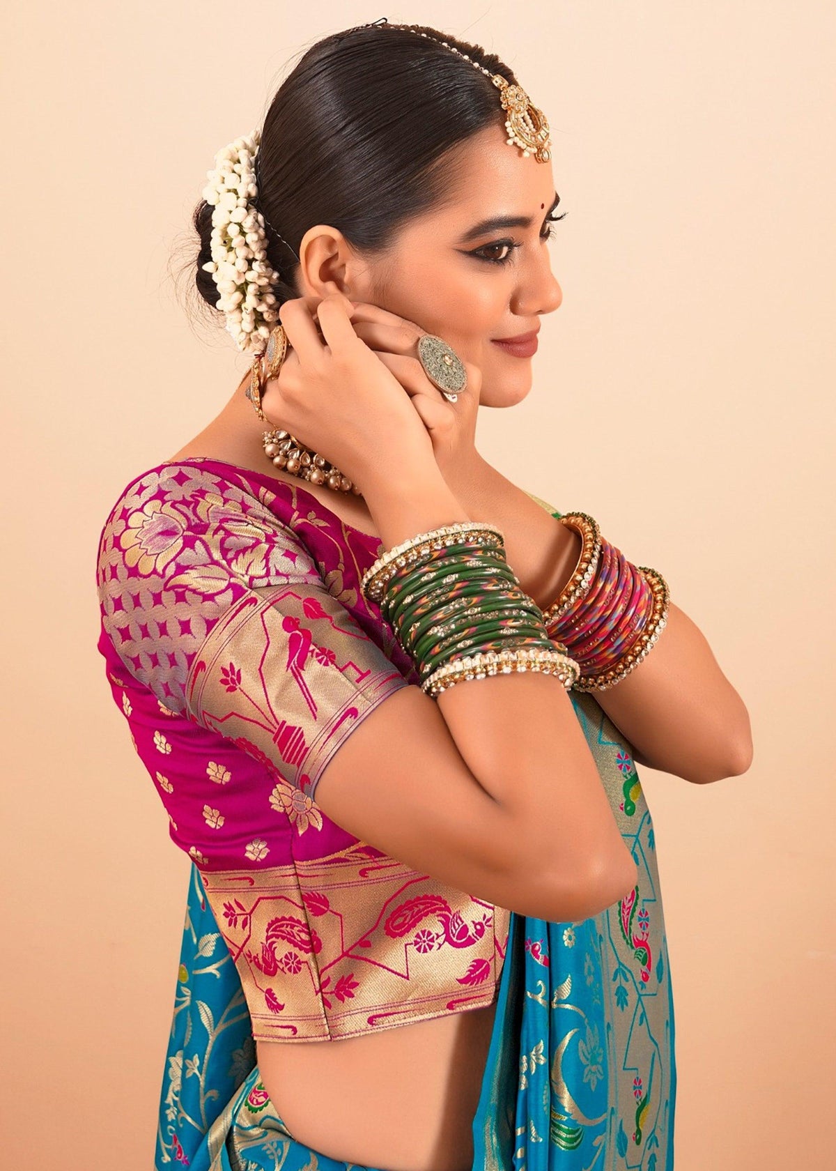 Dive Blue Woven Paithani Silk Saree With Contrast Blouse