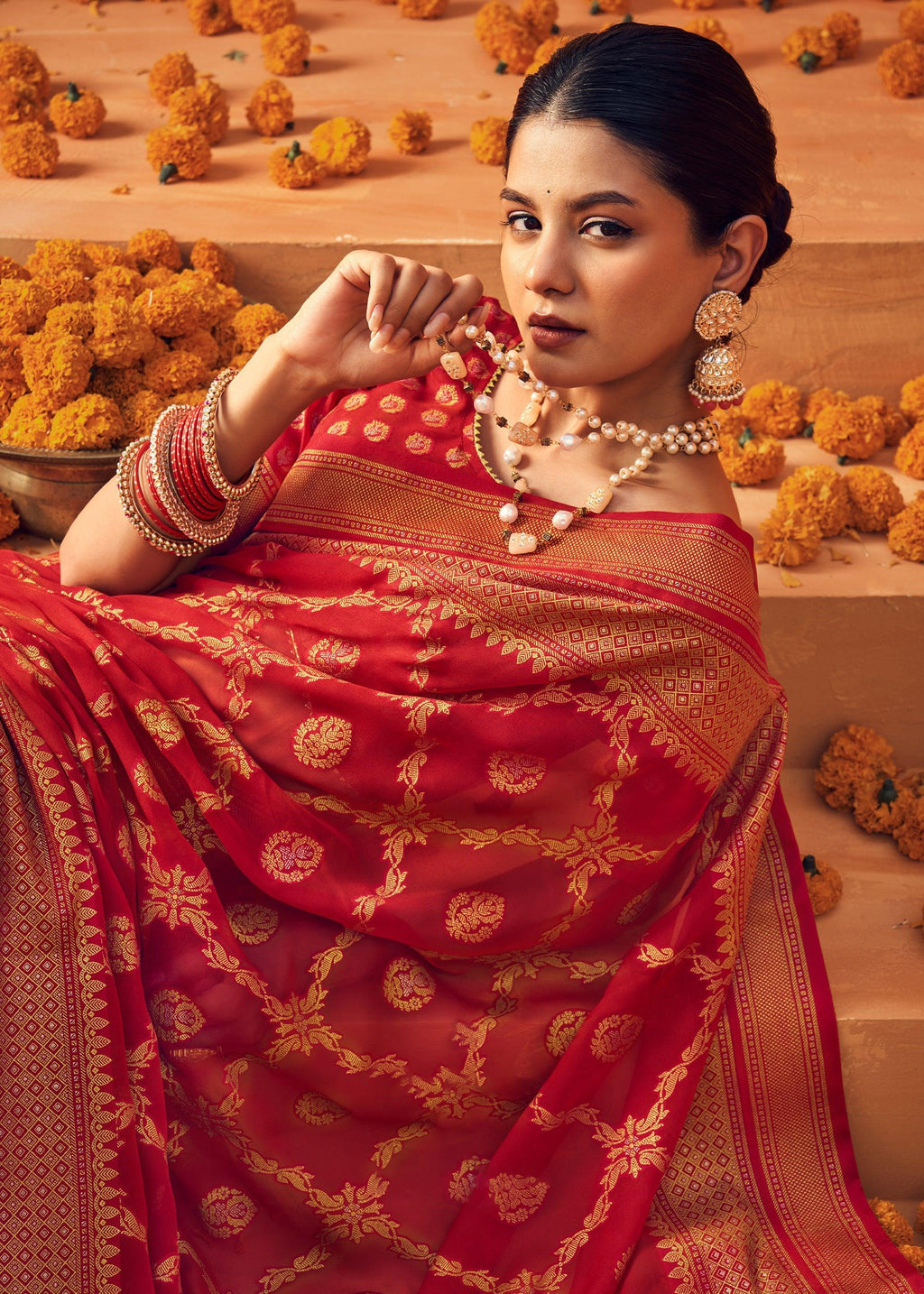 Bridal Red Printed Georgette Silk Saree