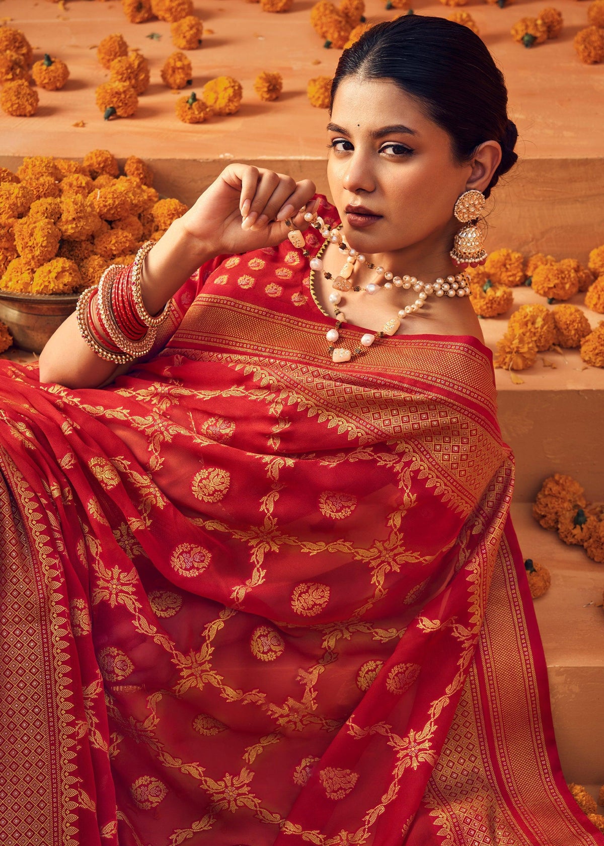 Bridal Red Printed Georgette Silk Saree