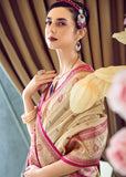 Cream Beige Woven Banarasi Silk Saree With Contrast Blouse