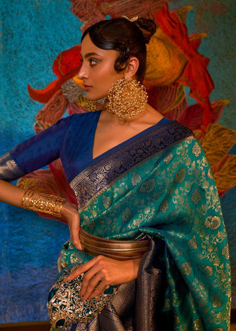 Teal Green Woven Soft Silk Saree