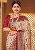 Beige And Maroon Woven Patola Soft Silk Saree