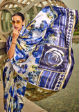 Dazzling Blue Satin Crepe Printed Silk Saree