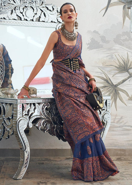 Denim Blue Woven Kashmiri Jamewar Modal Silk Saree