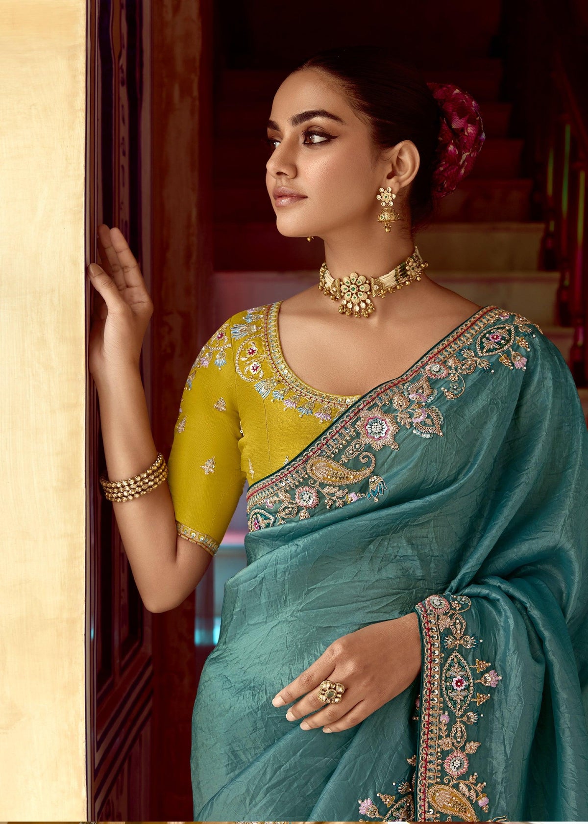 Tile Blue Heavy Embroidered Designer Silk Saree