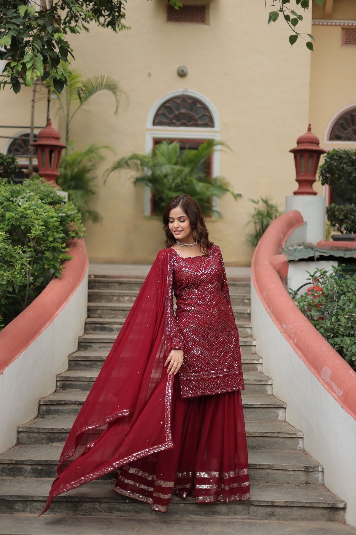 Georgette Sequins Thread Embroidered Work Women Suit Set - women's fashion mart