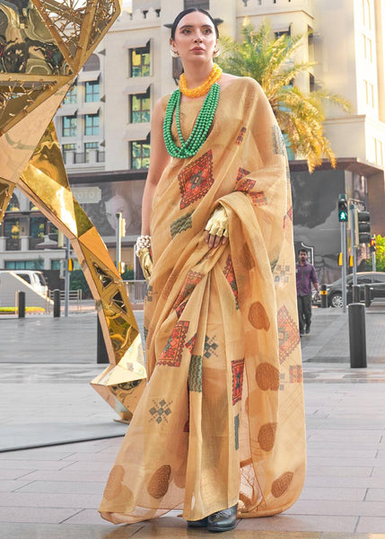 Earthy Beige Woven Linen Silk Saree With Print