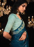 Coral Blue Heavy Embroidered Designer Silk Saree With contrast Blouse