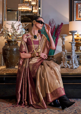 Almond Beige Woven Banarasi Tissue Silk Saree