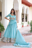 Gold Crush Embroidered Lehenga Set With Peplum Blouse And Heavy Sequins Dupatta