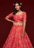 Flame Red Georgette Embroidered Lehenga With Net Dupatta
