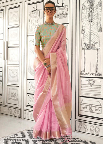 Delight Pink Chiffon Silk Saree With Contrast Blouse
