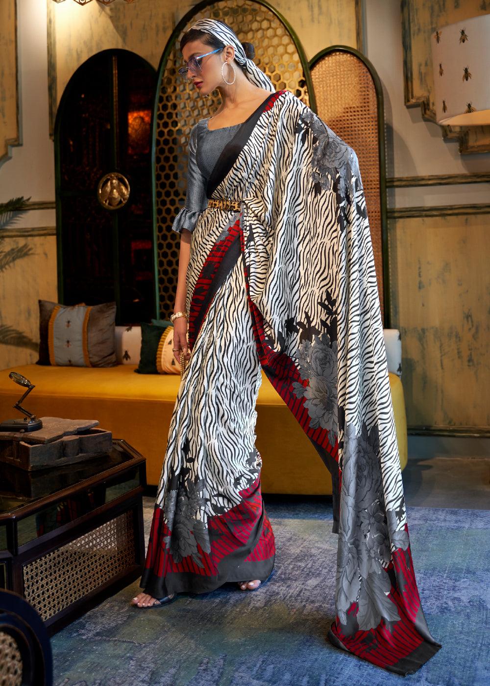 ABSTRACT WHITE AND BLACK SATIN SILK PRINTED SAREE