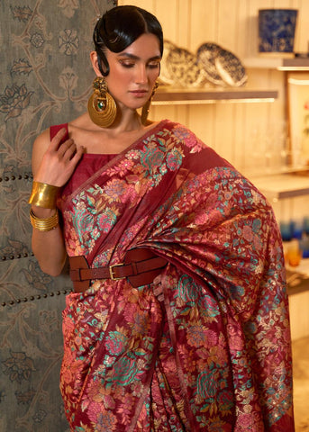 Earth Red Woven Kashmiri Floral Jaal Silk Saree