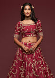 Persian Maroon Georgette Embroidered Lehenga With Net Dupatta