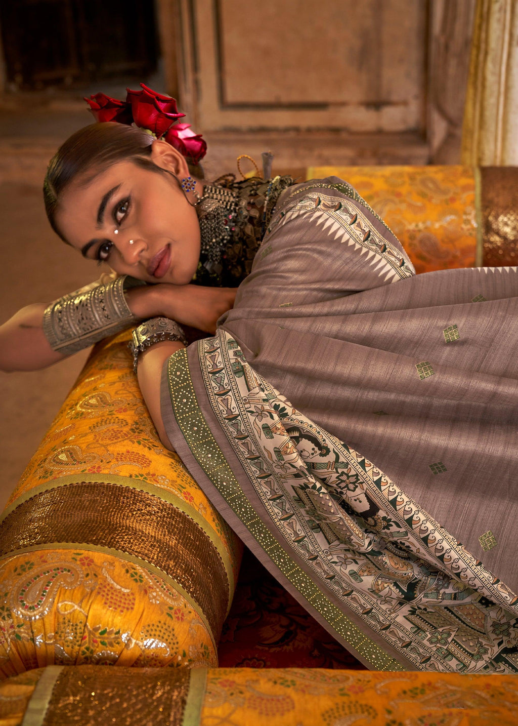Fossil Grey Madhubani Printed Saree