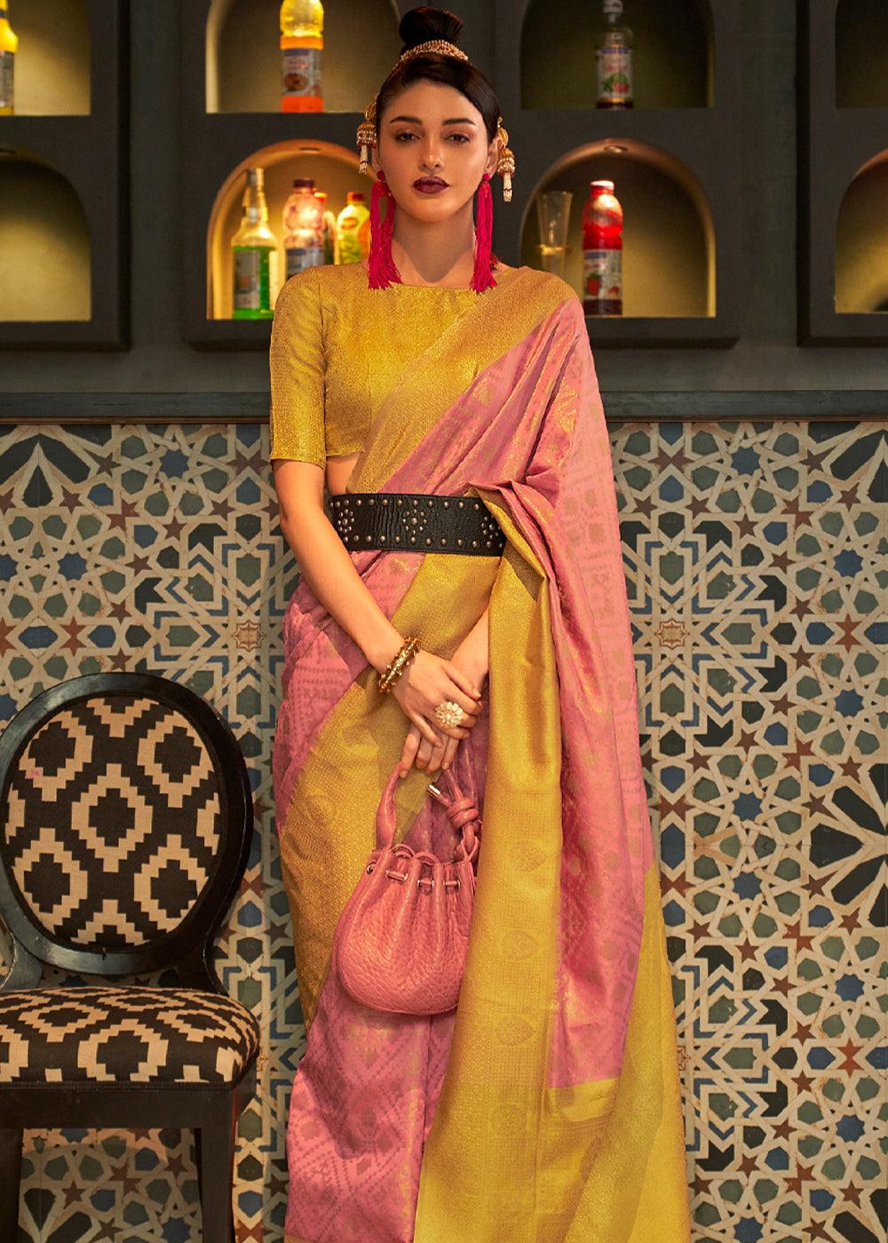 Rose Pink And Yellow Woven Banarasi Silk Saree